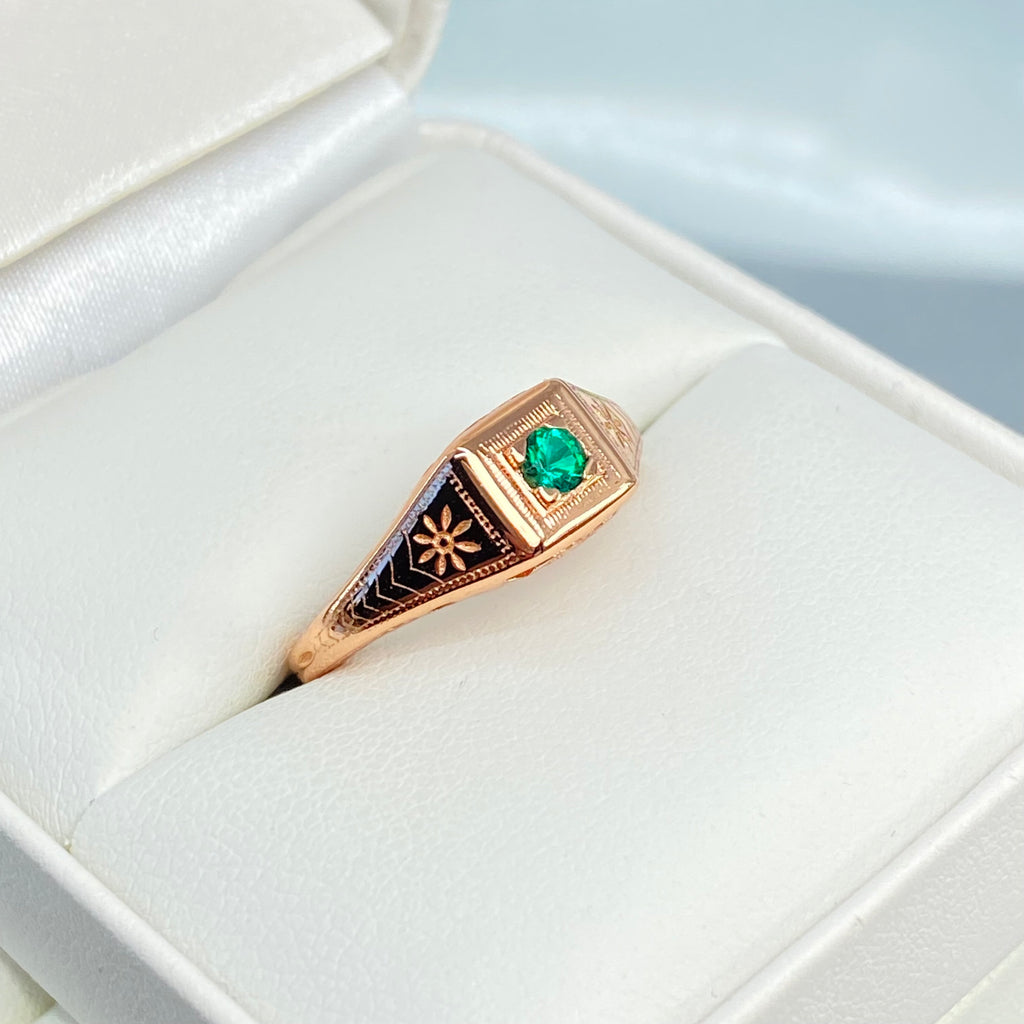 Rose gold ring, natural green emerald, deco wedding ring, D155, Silver Embrace Jewelry