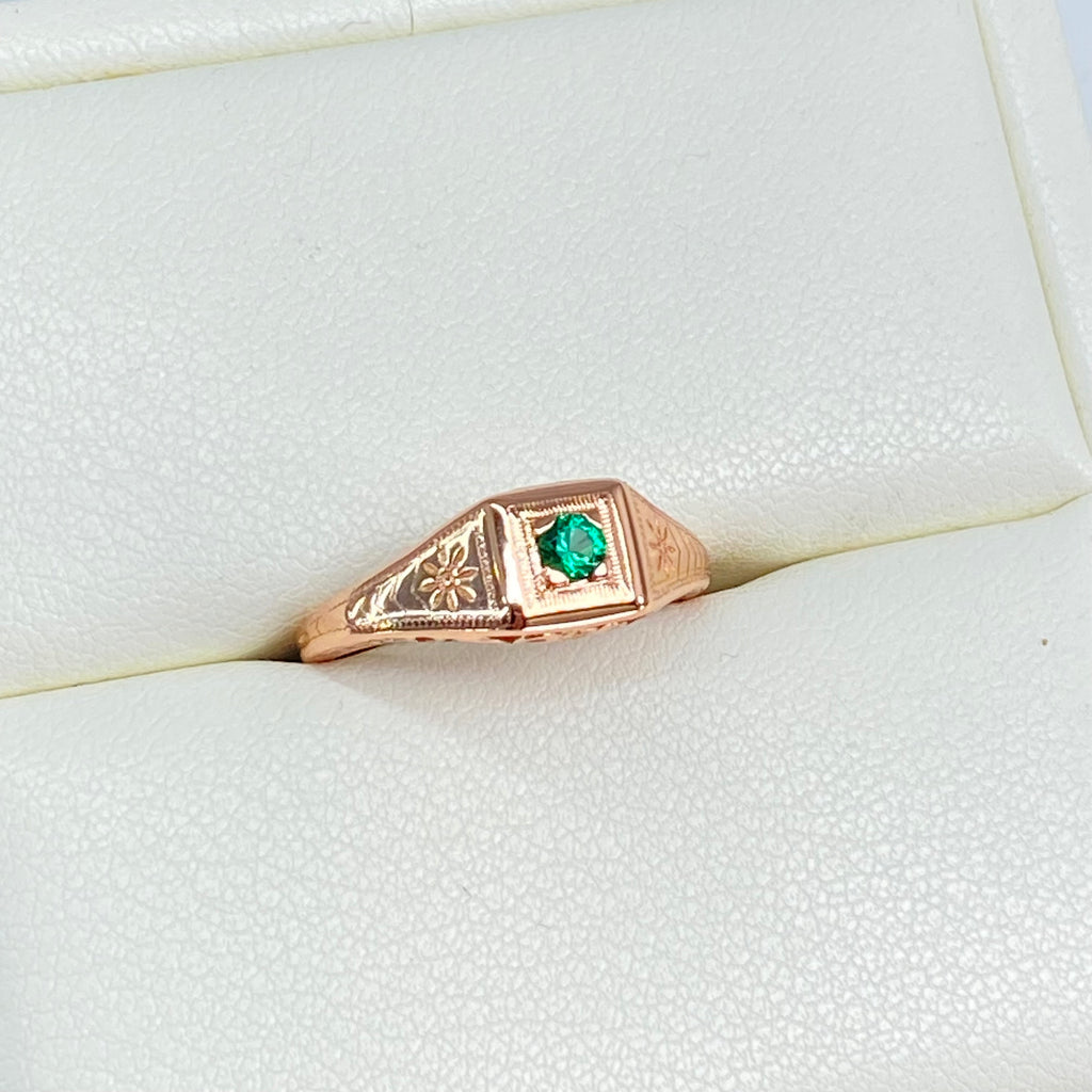 Rose gold ring, natural green emerald, deco wedding ring, D155, Silver Embrace Jewelry