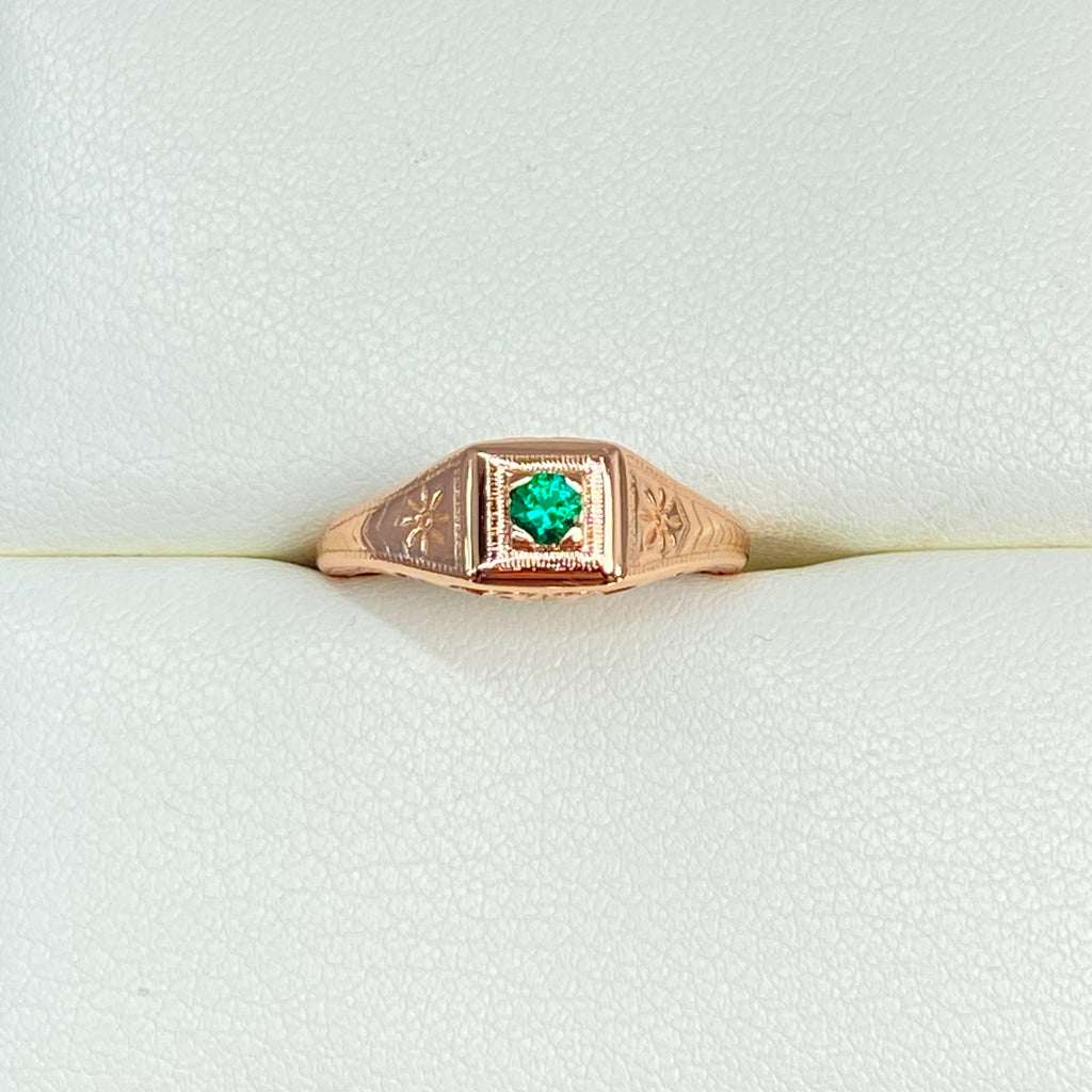 Rose gold ring, natural green emerald, deco wedding ring, D155, Silver Embrace Jewelry