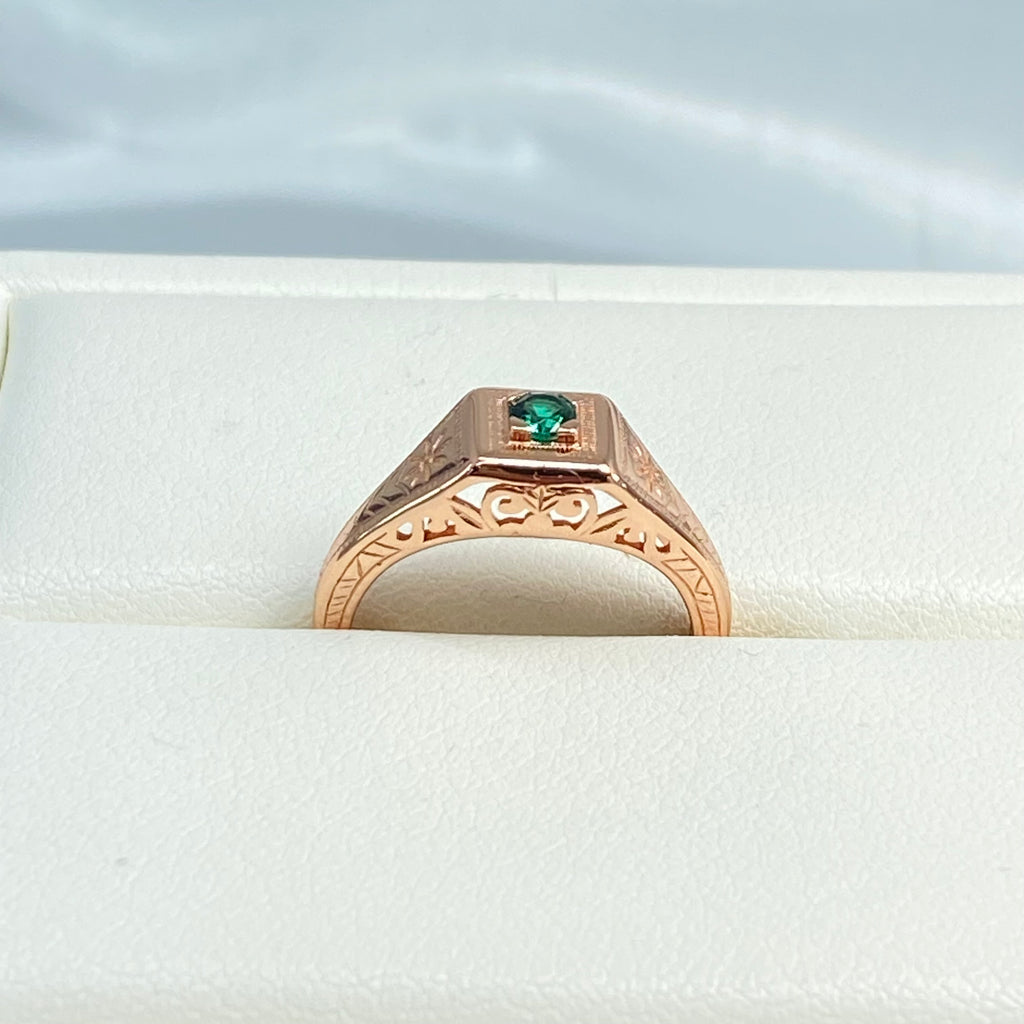 Rose gold ring, natural green emerald, deco wedding ring, D155, Silver Embrace Jewelry