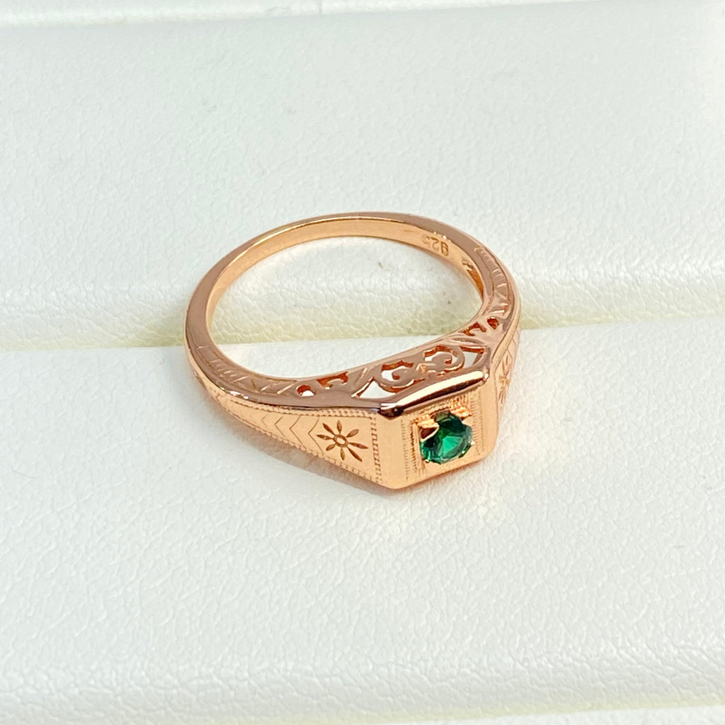 Rose gold ring, natural green emerald, deco wedding ring, D155, Silver Embrace Jewelry