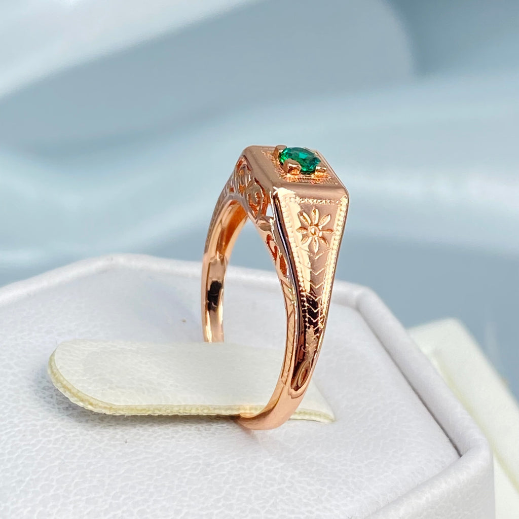 Rose gold ring, natural green emerald, deco wedding ring, D155, Silver Embrace Jewelry