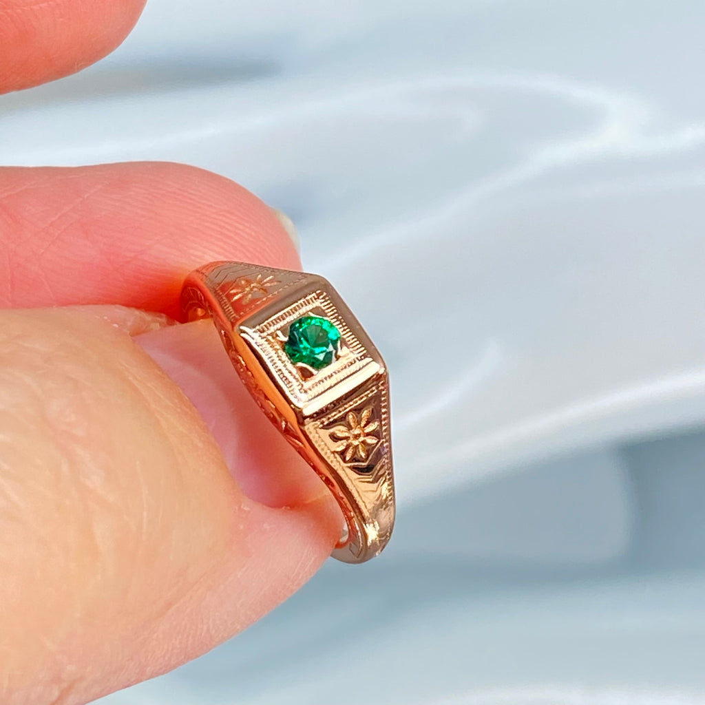 Rose gold ring, natural green emerald, deco wedding ring, D155, Silver Embrace Jewelry