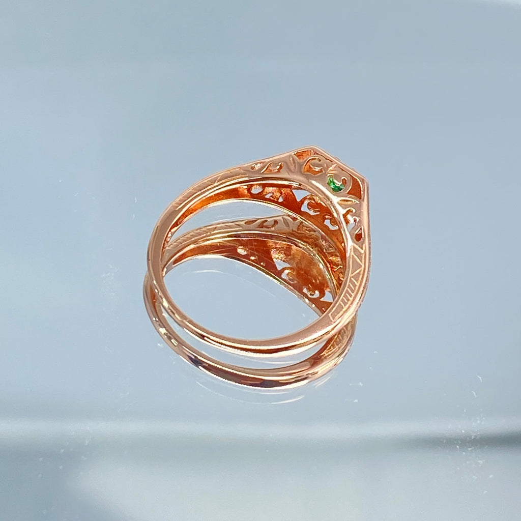 Rose gold ring, natural green emerald, deco wedding ring, D155, Silver Embrace Jewelry