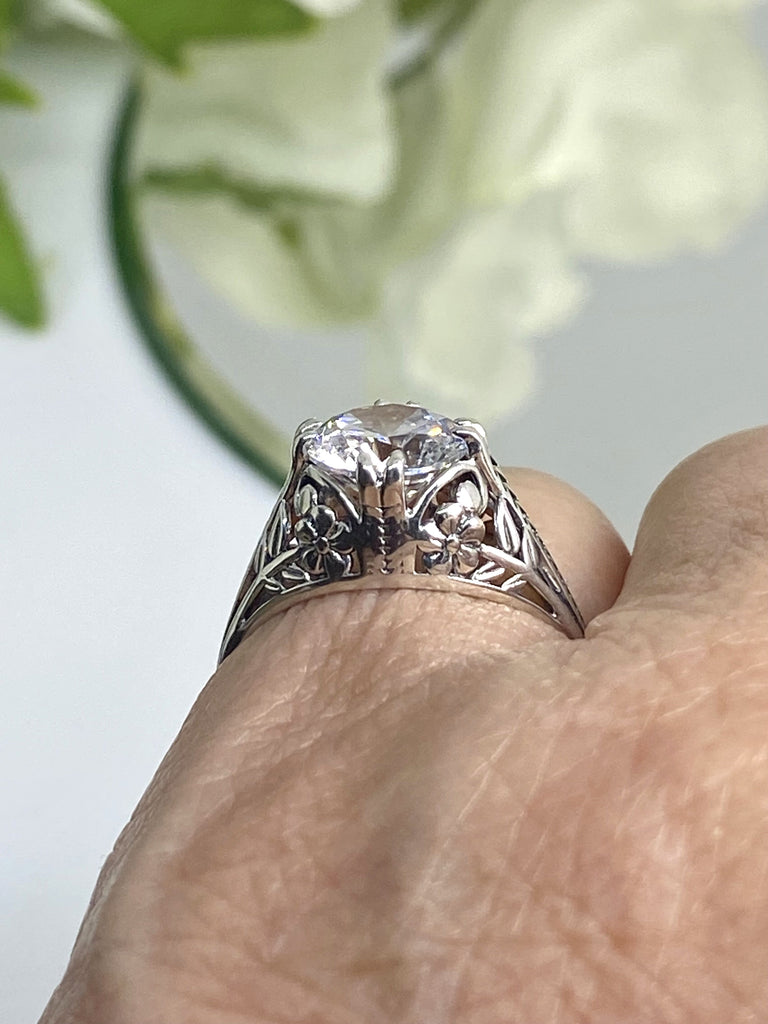 White CZ Ring, natural White Topaz ring, Deco 2Fleur, Victorian Jewelry, Sterling silver jewelry, silver embrace Jewelry D159