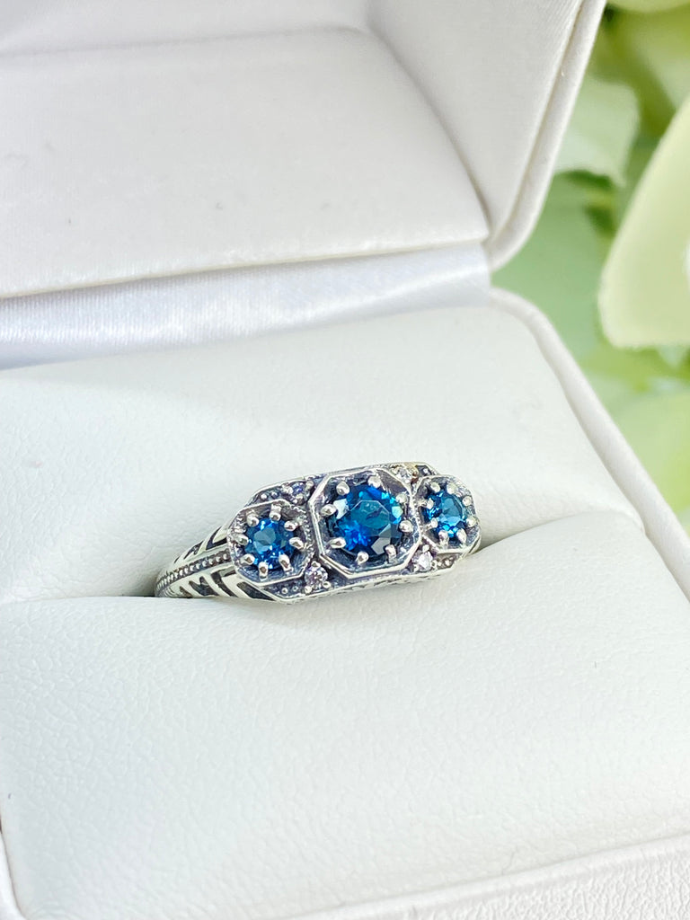 Natural London Blue Topaz Ring, Art Deco Jewelry, Sterling Silver Filigree, Trinity gemstones, 3 gems, Silver Embrace Jewelry, D161, Tiny 3 Stone ring