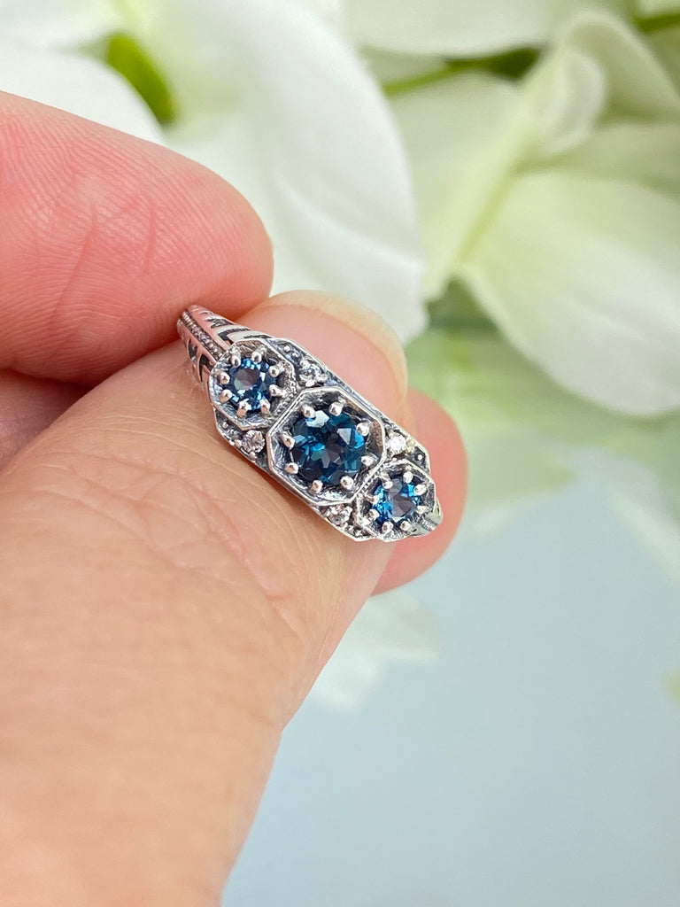 Natural London Blue Topaz Ring, Art Deco Jewelry, Sterling Silver Filigree, Trinity gemstones, 3 gems, Silver Embrace Jewelry, D161, Tiny 3 Stone ring