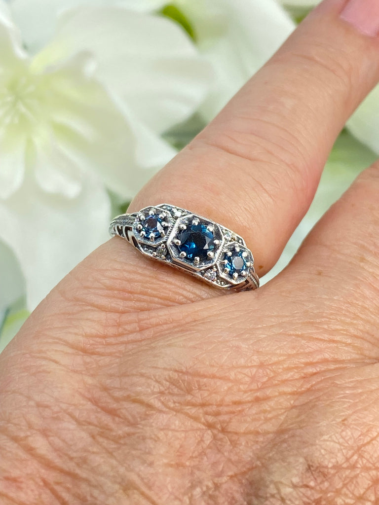 Natural London Blue Topaz Ring, Art Deco Jewelry, Sterling Silver Filigree, Trinity gemstones, 3 gems, Silver Embrace Jewelry, D161, Tiny 3 Stone ring