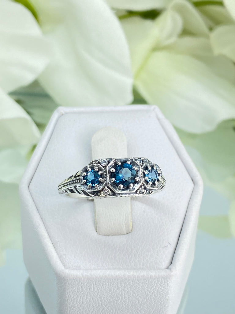 Natural London Blue Topaz Ring, Art Deco Jewelry, Sterling Silver Filigree, Trinity gemstones, 3 gems, Silver Embrace Jewelry, D161, Tiny 3 Stone ring