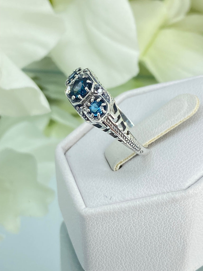 Natural London Blue Topaz Ring, Art Deco Jewelry, Sterling Silver Filigree, Trinity gemstones, 3 gems, Silver Embrace Jewelry, D161, Tiny 3 Stone ring