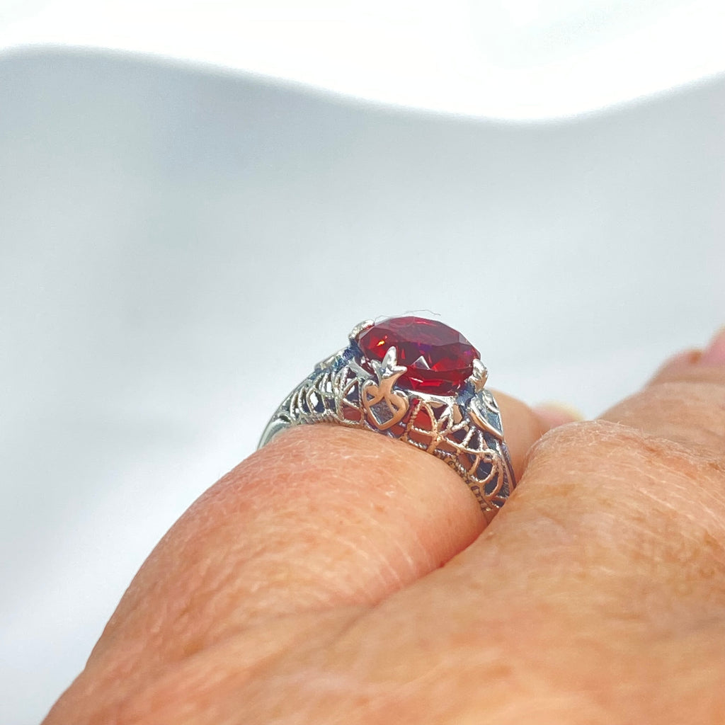 Ruby Ring, sterling silver filigree, Silver Embrace Jewelry, D162, Knight Ring