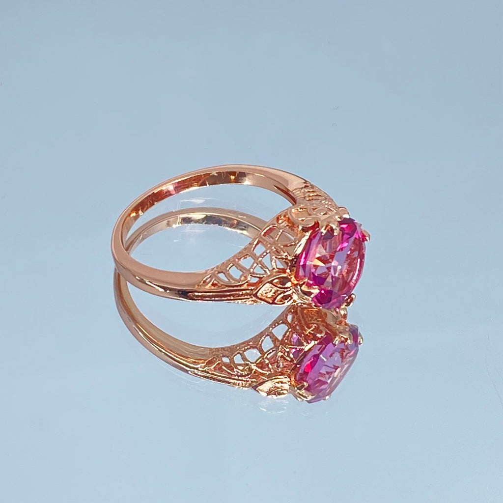 Natural Pink Topaz Ring, Rose Gold plated sterling silver filigree, Silver Embrace Jewelry, D162, Knight Ring