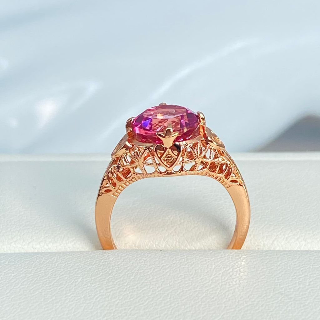 Natural Pink Topaz Ring, Rose Gold plated sterling silver filigree, Silver Embrace Jewelry, D162, Knight Ring