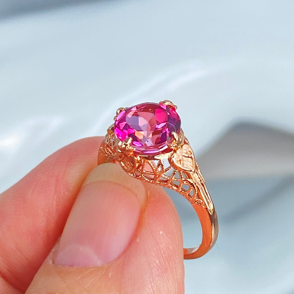 Natural Pink Topaz Ring, Rose Gold plated sterling silver filigree, Silver Embrace Jewelry, D162, Knight Ring