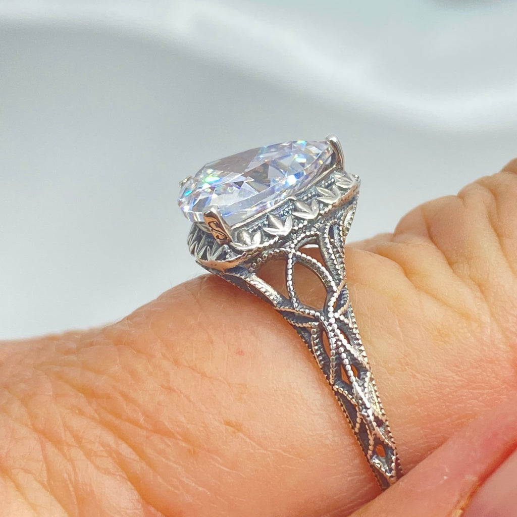White CZ Ring, sterling silver filigree, Silver Embrace Jewelry, D163, Triangle Ring
