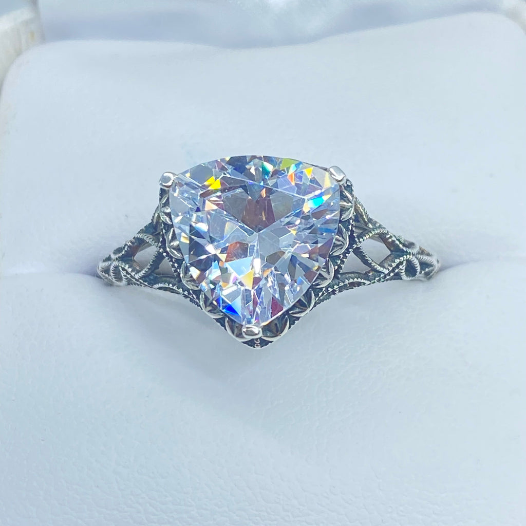 White CZ Ring, sterling silver filigree, Silver Embrace Jewelry, D163, Triangle Ring