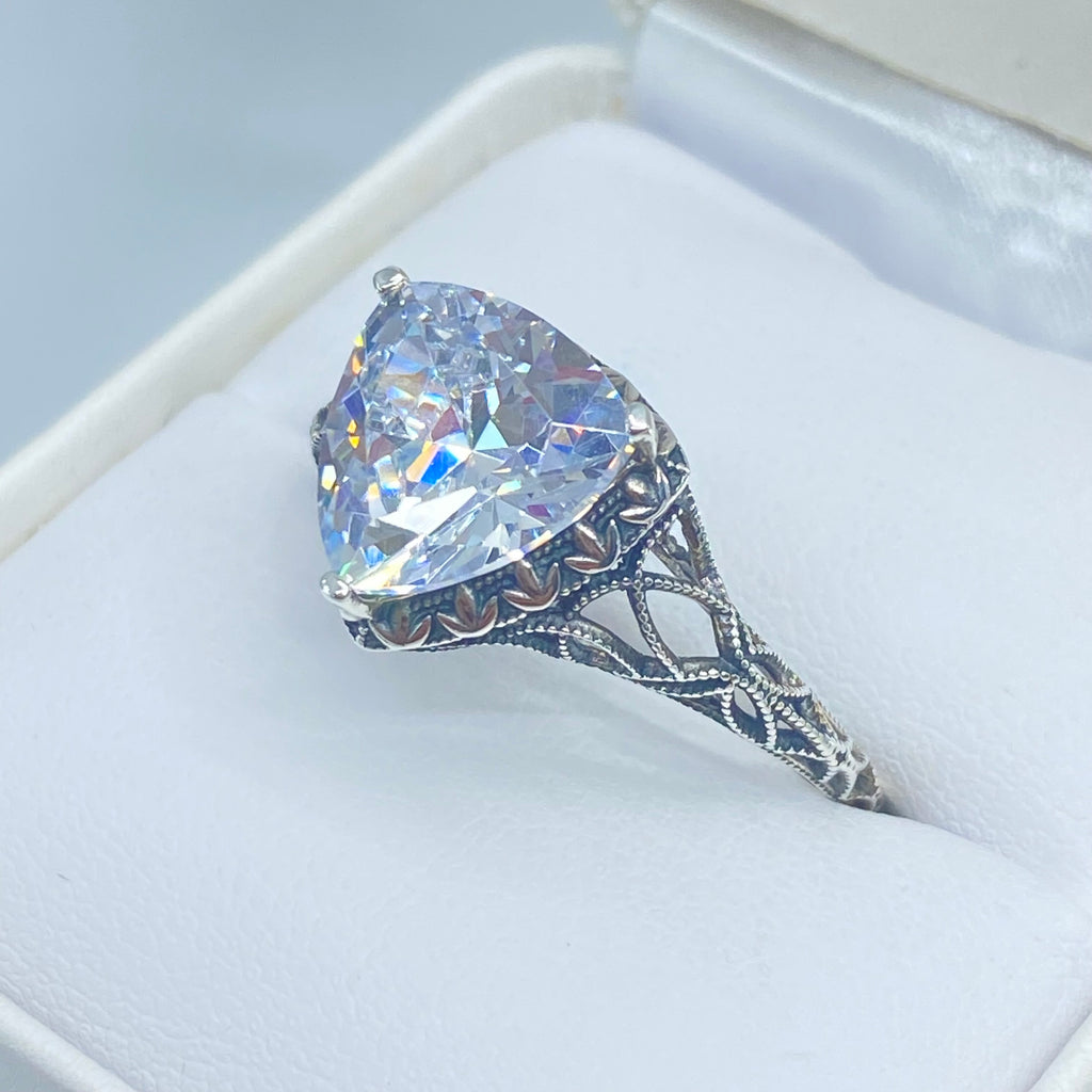 White CZ Ring, sterling silver filigree, Silver Embrace Jewelry, D163, Triangle Ring