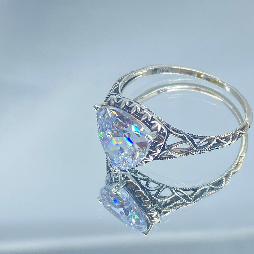 White CZ Ring, sterling silver filigree, Silver Embrace Jewelry, D163, Triangle Ring