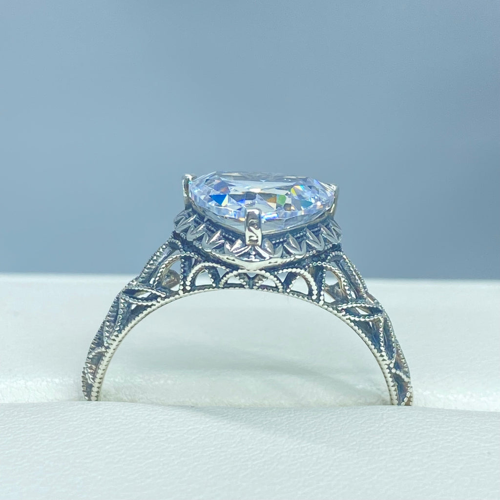 White CZ Ring, sterling silver filigree, Silver Embrace Jewelry, D163, Triangle Ring