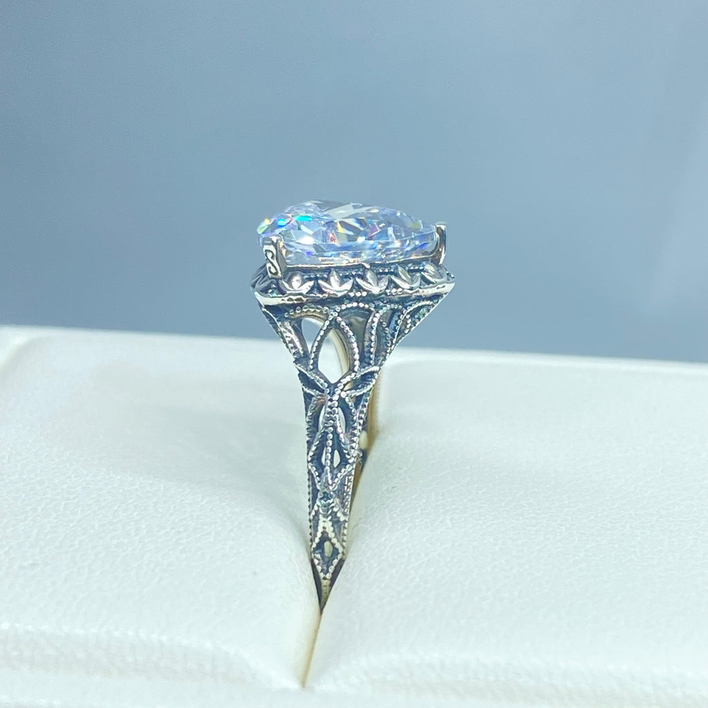 White CZ Ring, sterling silver filigree, Silver Embrace Jewelry, D163, Triangle Ring
