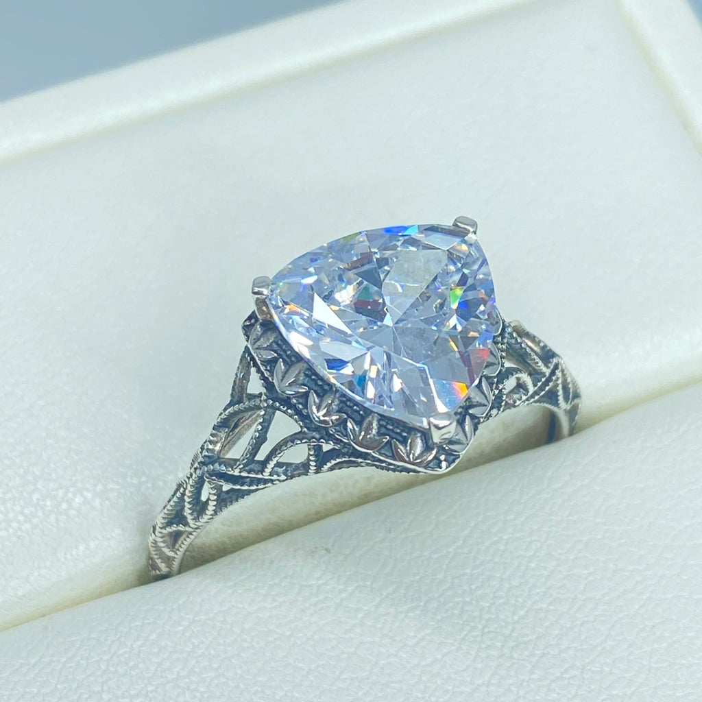White CZ Ring, sterling silver filigree, Silver Embrace Jewelry, D163, Triangle Ring
