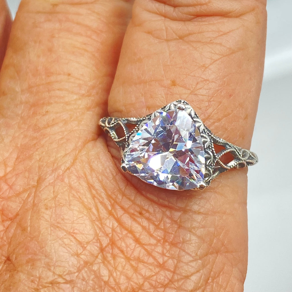 White CZ Ring, sterling silver filigree, Silver Embrace Jewelry, D163, Triangle Ring
