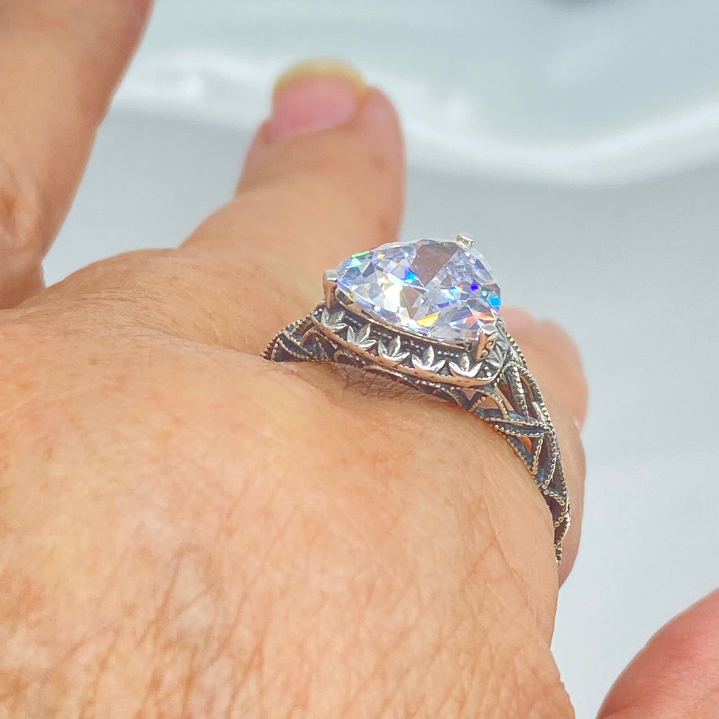 White CZ Ring, sterling silver filigree, Silver Embrace Jewelry, D163, Triangle Ring