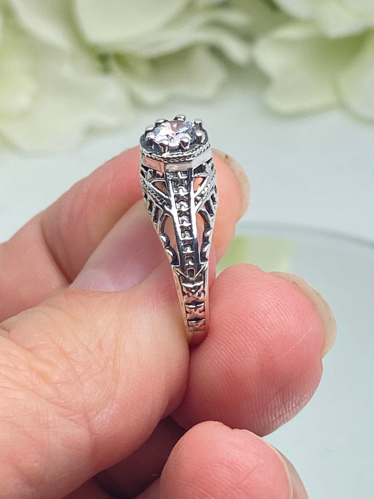 White CZ Ring, Round White Cubic Zirconia gemstone, Arch Sterling silver filigree, Art deco jewelry, Golden Gate Ring, D165, Silver Embrace Jewelry