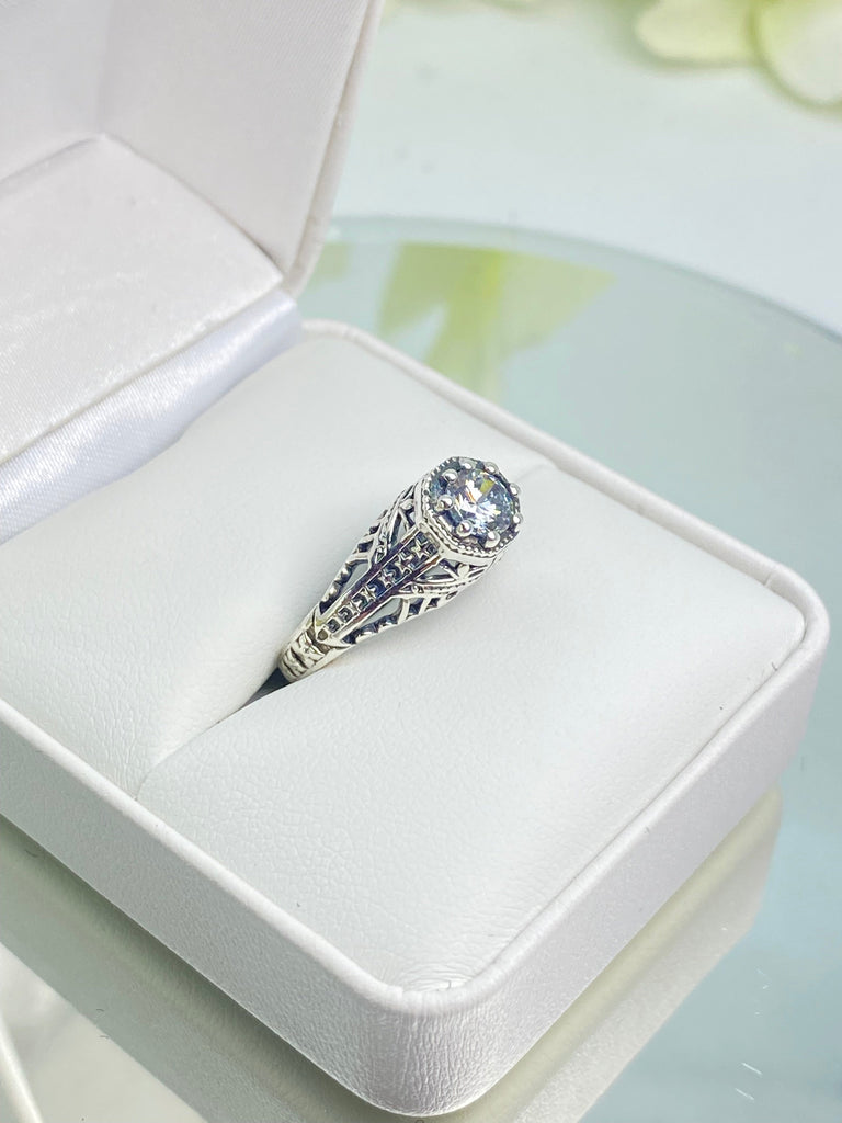 White CZ Ring, Round White Cubic Zirconia gemstone, Arch Sterling silver filigree, Art deco jewelry, Golden Gate Ring, D165, Silver Embrace Jewelry
