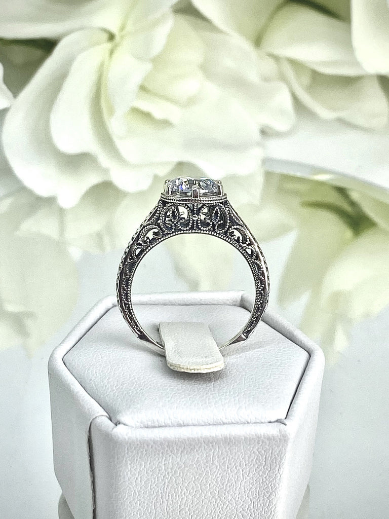 Moissanite or CZ Wedding Ring, Art Deco Sterling silver Filigree - Vintage Antique style, herringbone band added to match - D157, Spade - Silver Embrace Jewelry