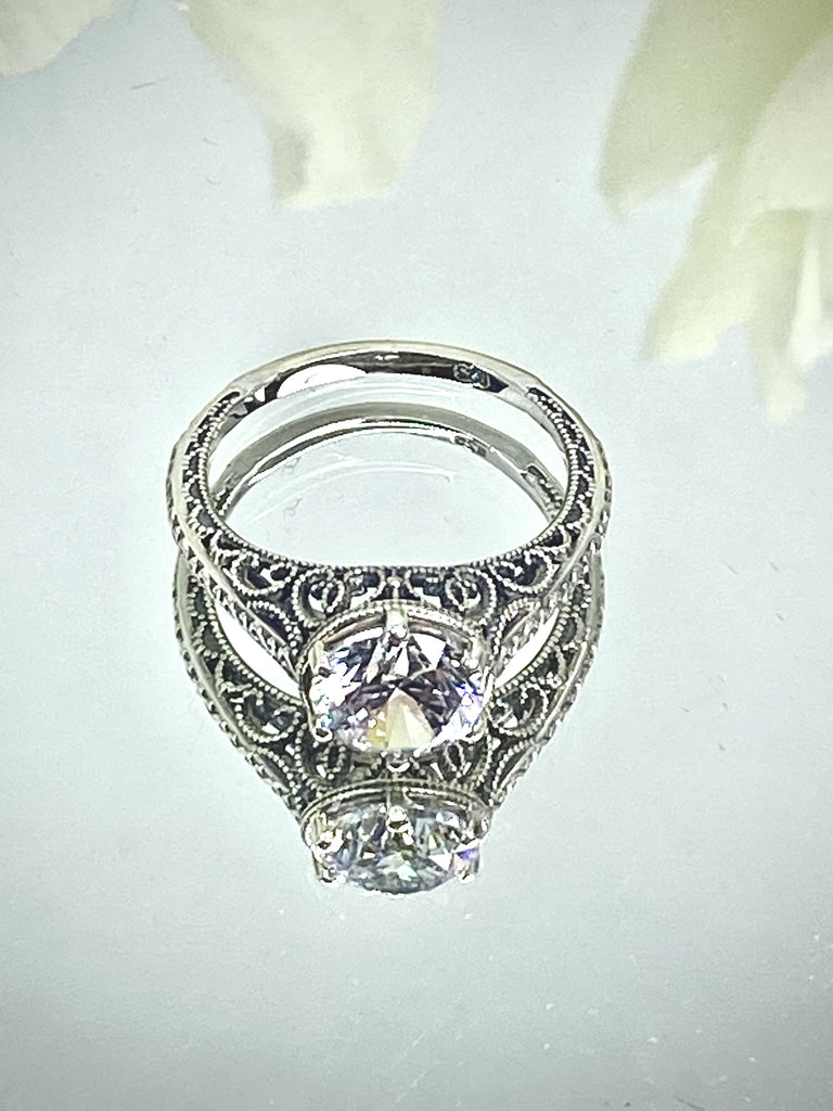 Moissanite or CZ Wedding Ring, Art Deco Sterling silver Filigree - Vintage Antique style, herringbone band added to match - D157, Spade - Silver Embrace Jewelry
