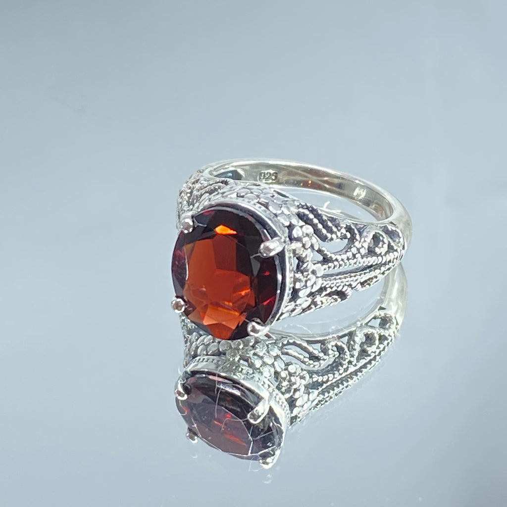 Natural Garnet Ring, Blossom style, sterling silver filigree, D171, Silver Embrace Jewelry