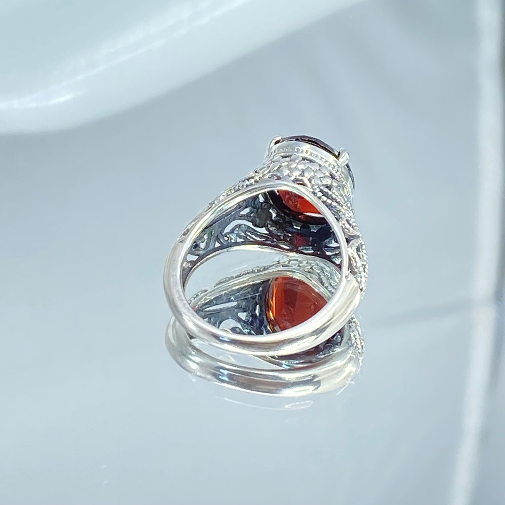 Natural Garnet Ring, Blossom style, sterling silver filigree, D171, Silver Embrace Jewelry