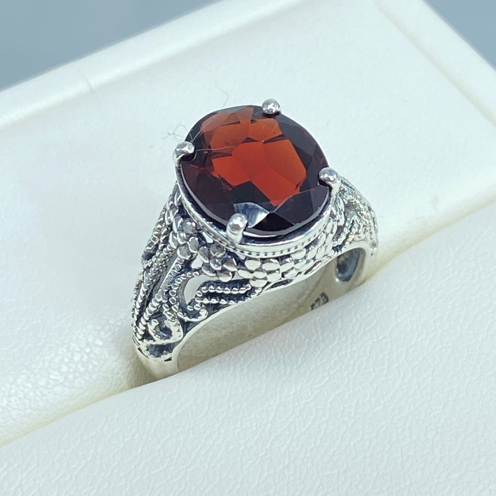 Natural Garnet Ring, Blossom style, sterling silver filigree, D171, Silver Embrace Jewelry