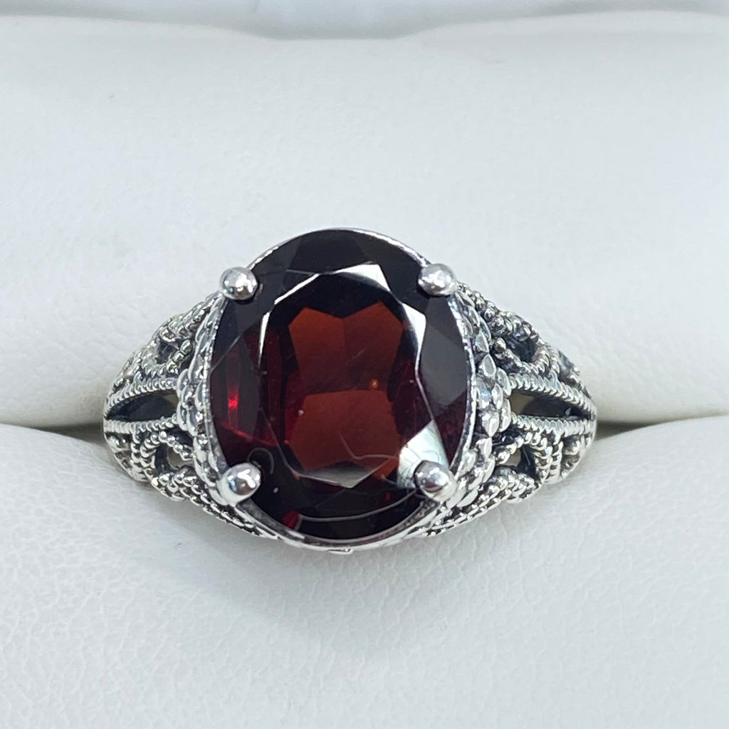 Natural Garnet Ring, Blossom style, sterling silver filigree, D171, Silver Embrace Jewelry