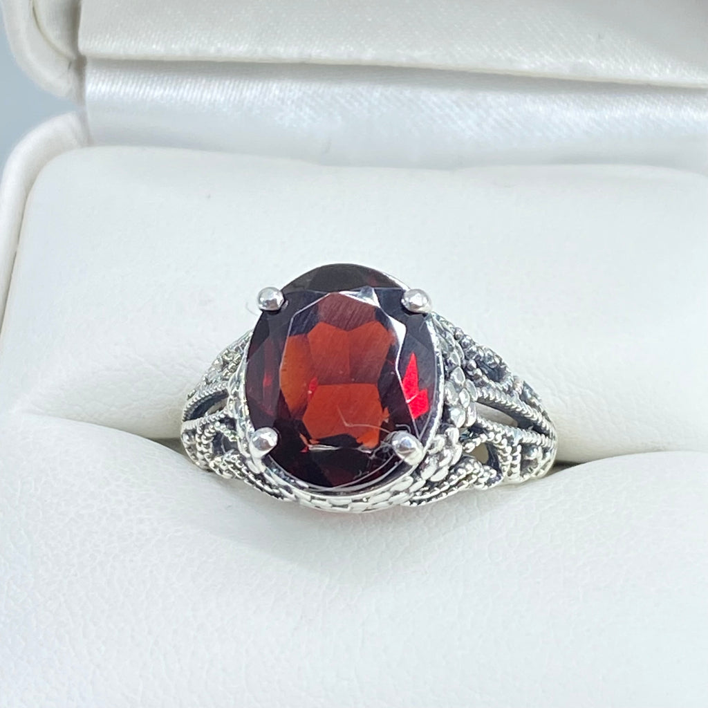 Natural Garnet Ring, Blossom style, sterling silver filigree, D171, Silver Embrace Jewelry