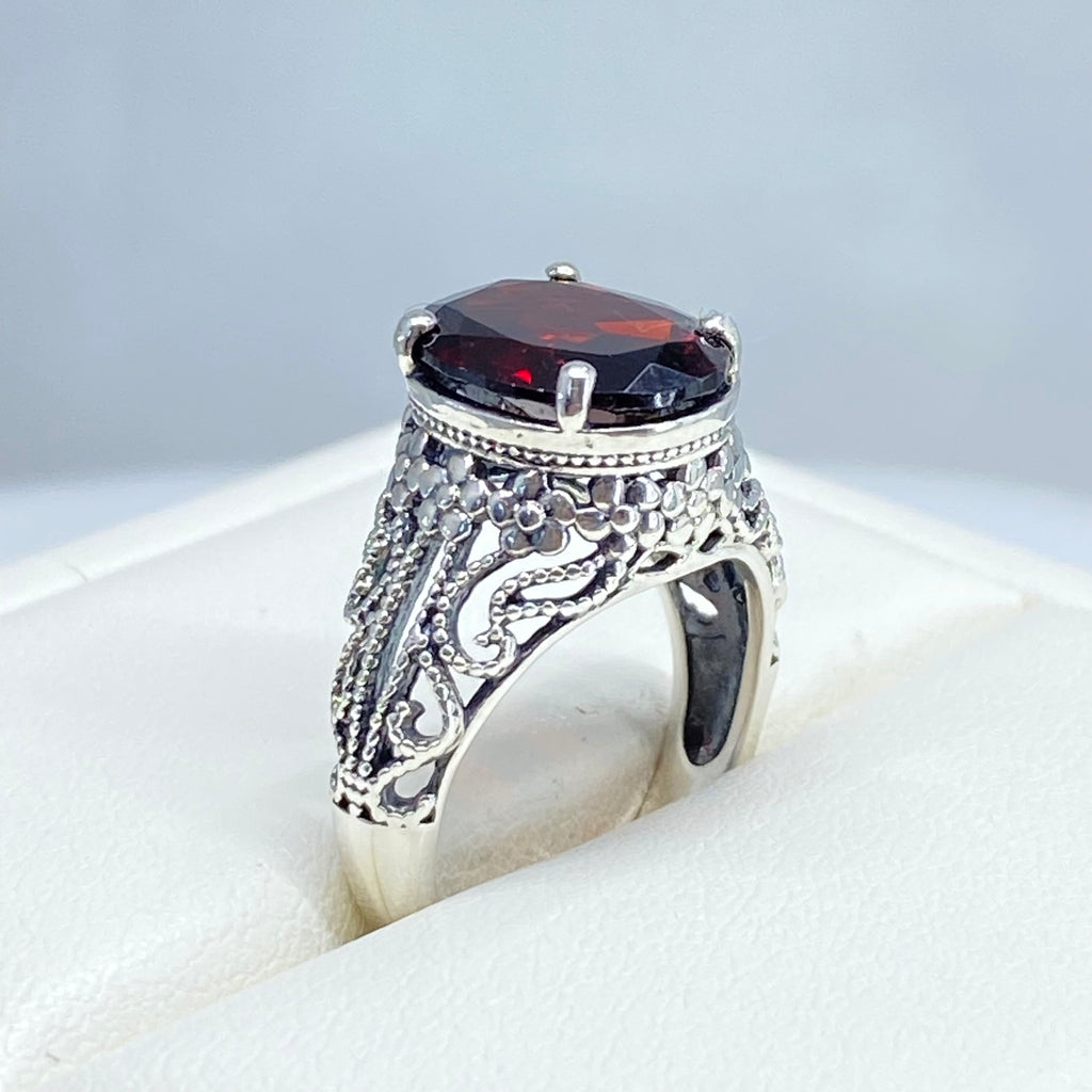 Natural Garnet Ring, Blossom style, sterling silver filigree, D171, Silver Embrace Jewelry