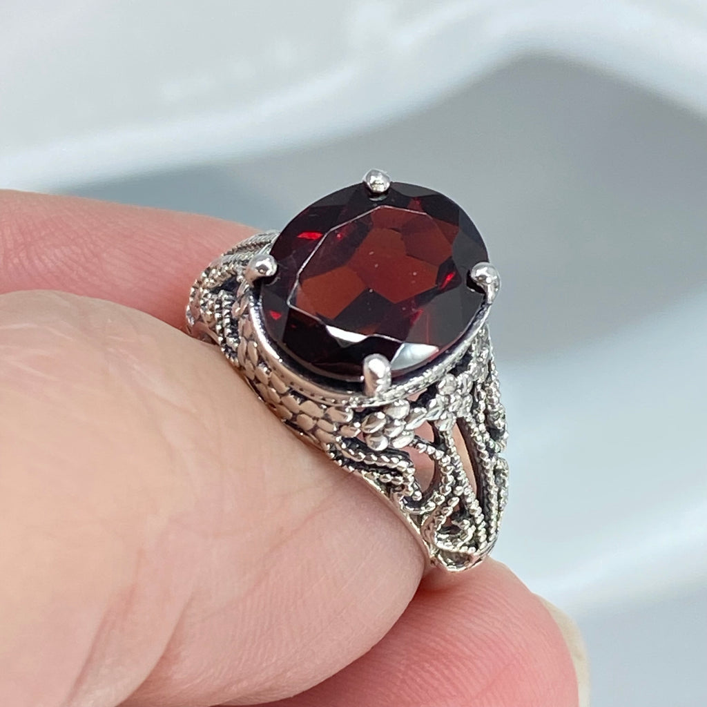 Natural Garnet Ring, Blossom style, sterling silver filigree, D171, Silver Embrace Jewelry