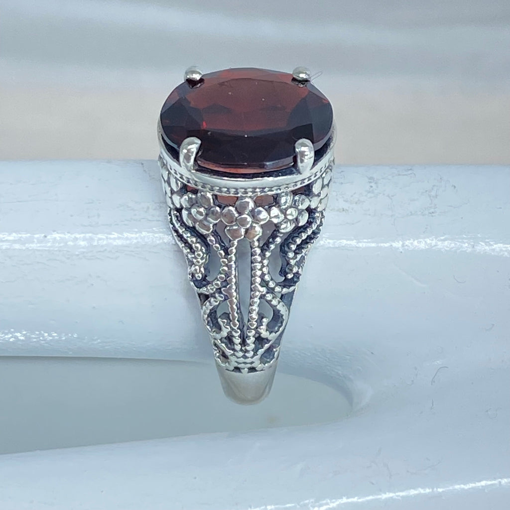 Natural Garnet Ring, Blossom style, sterling silver filigree, D171, Silver Embrace Jewelry