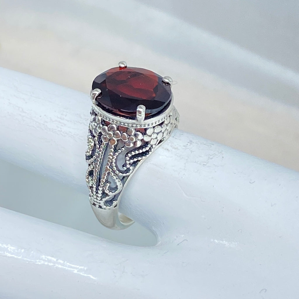Natural Garnet Ring, Blossom style, sterling silver filigree, D171, Silver Embrace Jewelry