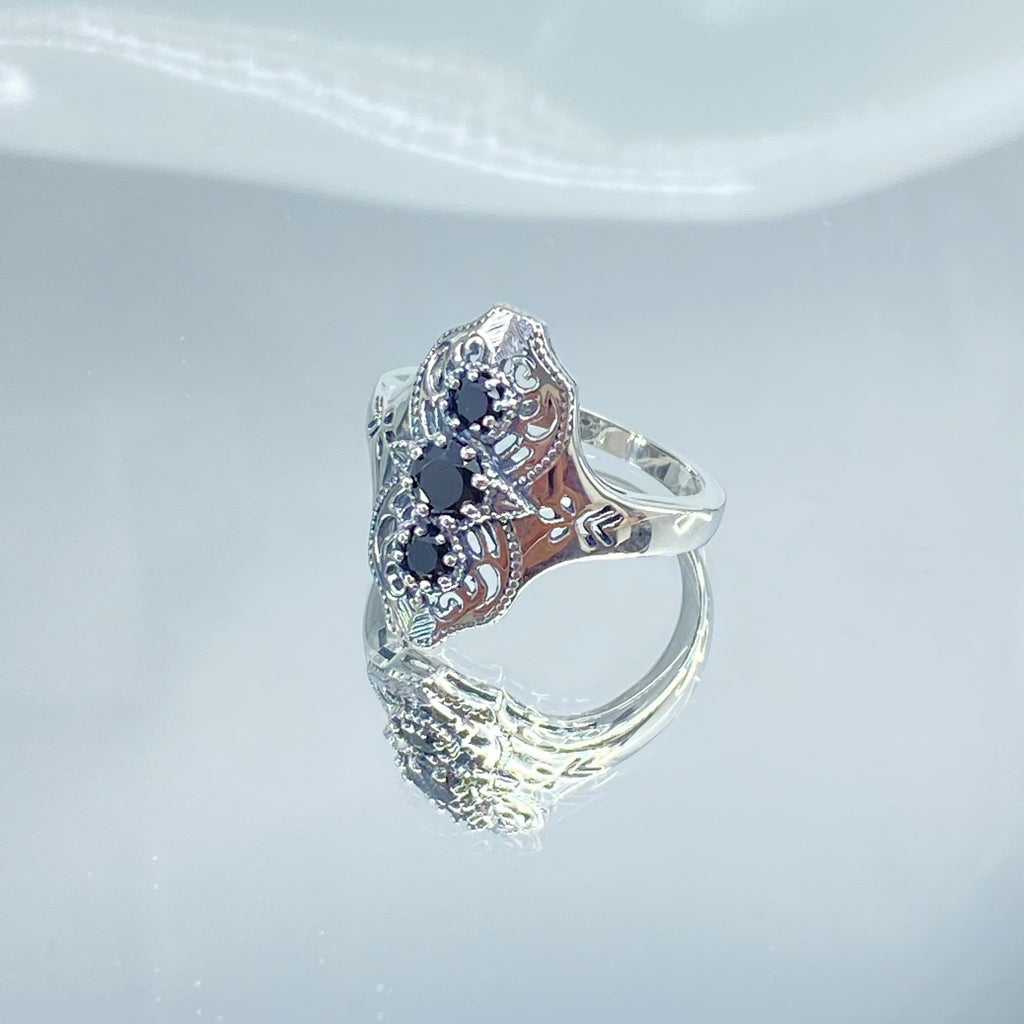 Black CZ Ring, Spider Gatsby Style, Sterling Silver Filigree, Silver Embrace Jewelry, D172