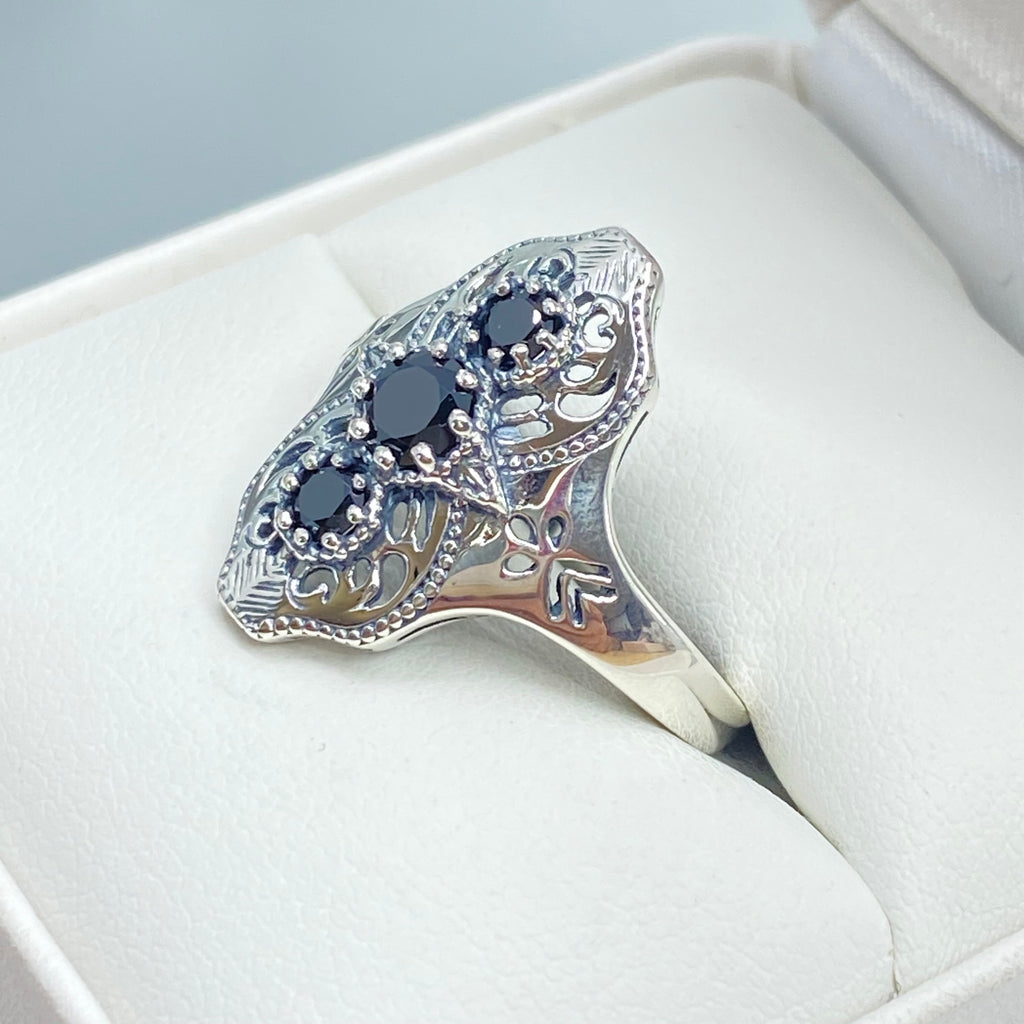 Black CZ Ring, Spider Gatsby Style, Sterling Silver Filigree, Silver Embrace Jewelry, D172