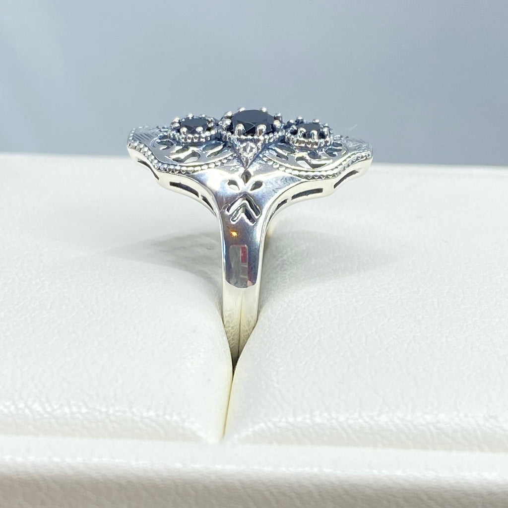 Black CZ Ring, Spider Gatsby Style, Sterling Silver Filigree, Silver Embrace Jewelry, D172