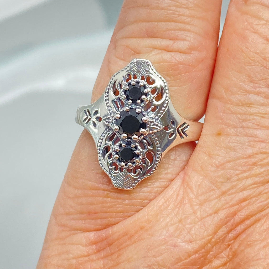 Black CZ Ring, Spider Gatsby Style, Sterling Silver Filigree, Silver Embrace Jewelry, D172
