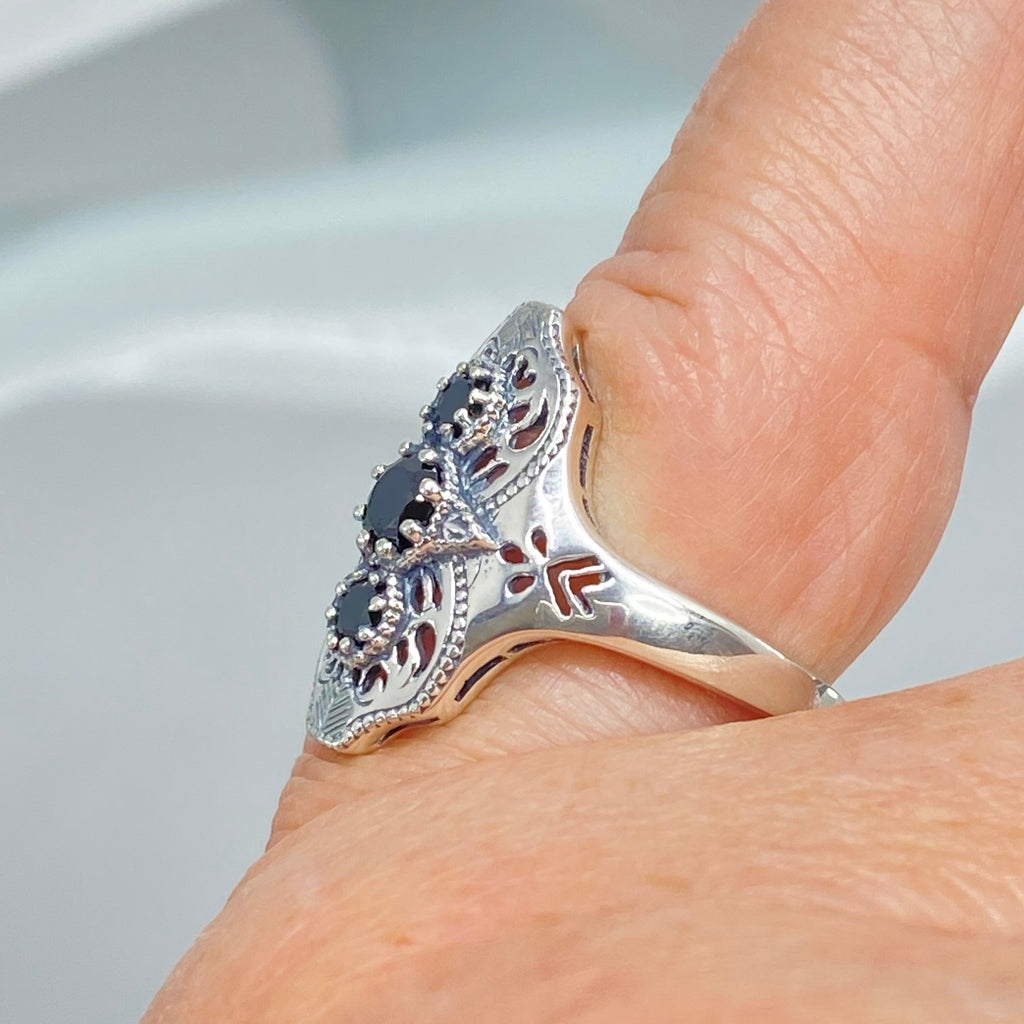 Black CZ Ring, Spider Gatsby Style, Sterling Silver Filigree, Silver Embrace Jewelry, D172