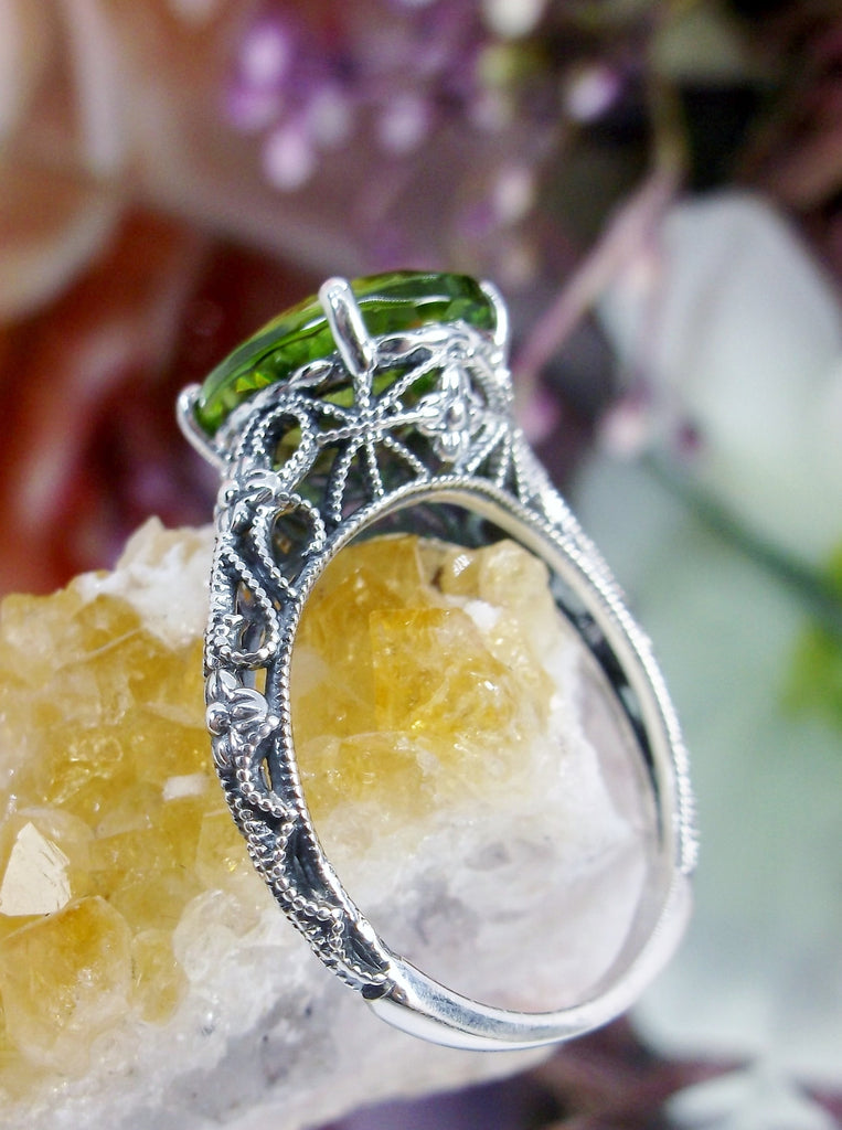 Natural Peridot Ring, Green Gemstone Ring, Medieval Floral filigree, Oval Gem, Vintage Sterling Silver Jewelry, Silver Embrace Jewelry, D173