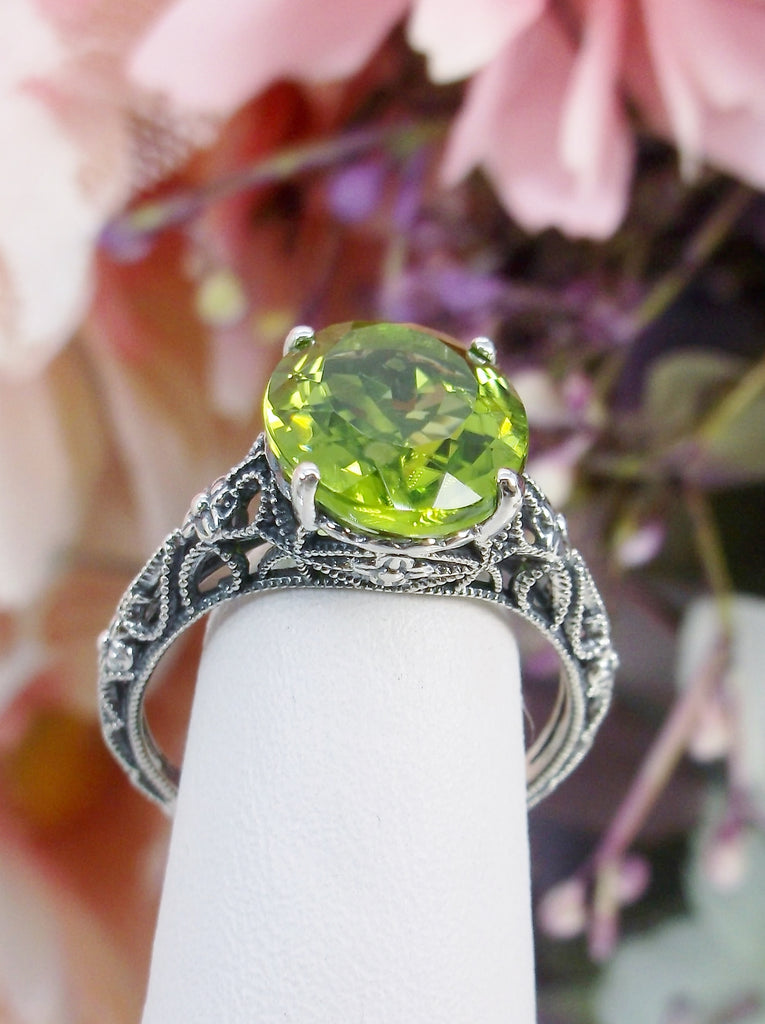 Natural Peridot Ring, Green Gemstone Ring, Medieval Floral filigree, Oval Gem, Vintage Sterling Silver Jewelry, Silver Embrace Jewelry, D173