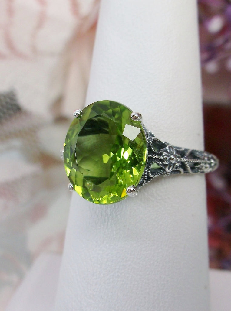 Natural Peridot Ring, Green Gemstone Ring, Medieval Floral filigree, Oval Gem, Vintage Sterling Silver Jewelry, Silver Embrace Jewelry, D173