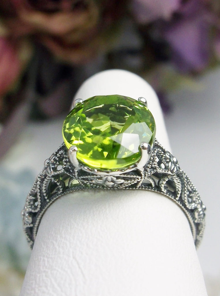 Natural Peridot Ring, Green Gemstone Ring, Medieval Floral filigree, Oval Gem, Vintage Sterling Silver Jewelry, Silver Embrace Jewelry, D173