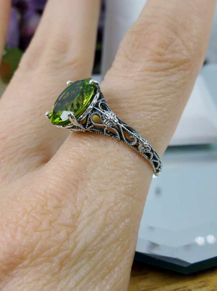 Natural Peridot Ring, Green Gemstone Ring, Medieval Floral filigree, Oval Gem, Vintage Sterling Silver Jewelry, Silver Embrace Jewelry, D173